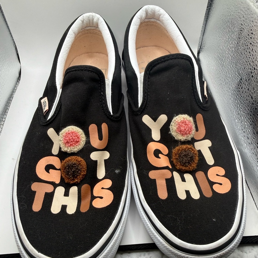 Black Slip-On Sneakers with 'YOU GOT THIS' Pom Accent